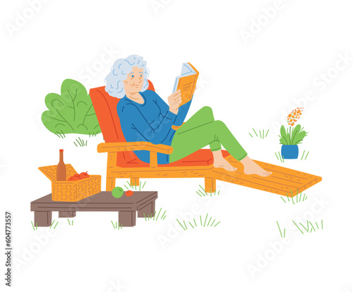 Woman enjoying lunch in outdoor recreation glamping facility, vector isolated.