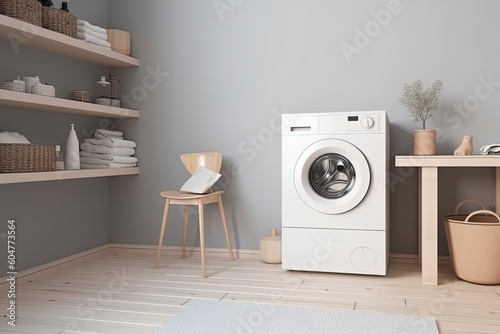 Clothes washing machine in laundry room interior.AI Generative © surassawadee