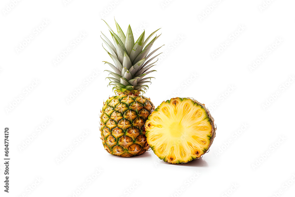Fresh ripe whole and sliced pineapples isolated on white background. Created with Generative AI Technology Fresh ripe whole and sliced pineapples isolated on white background. Created with Generative AI Technology