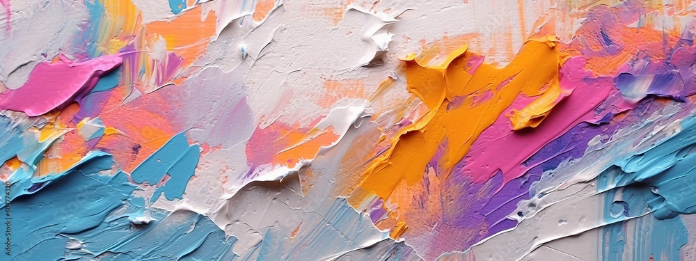 Closeup of abstract rough colorful multicolored art painting texture, with oil brushstroke, pallet knife paint on canvas (Generative Ai) - obrazy, fototapety, plakaty 
