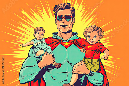 dad superhero flies and carries his daughter and son in his arms.AI Generative