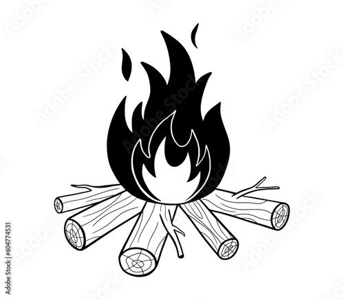 Hand drawn fire and firewood black icon. Camping vector sketch