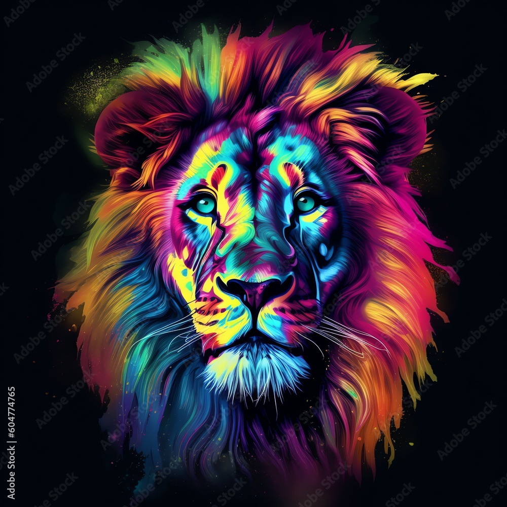 A colorful lion with a black background and a black background. A colorful lion with a black background and a black background.