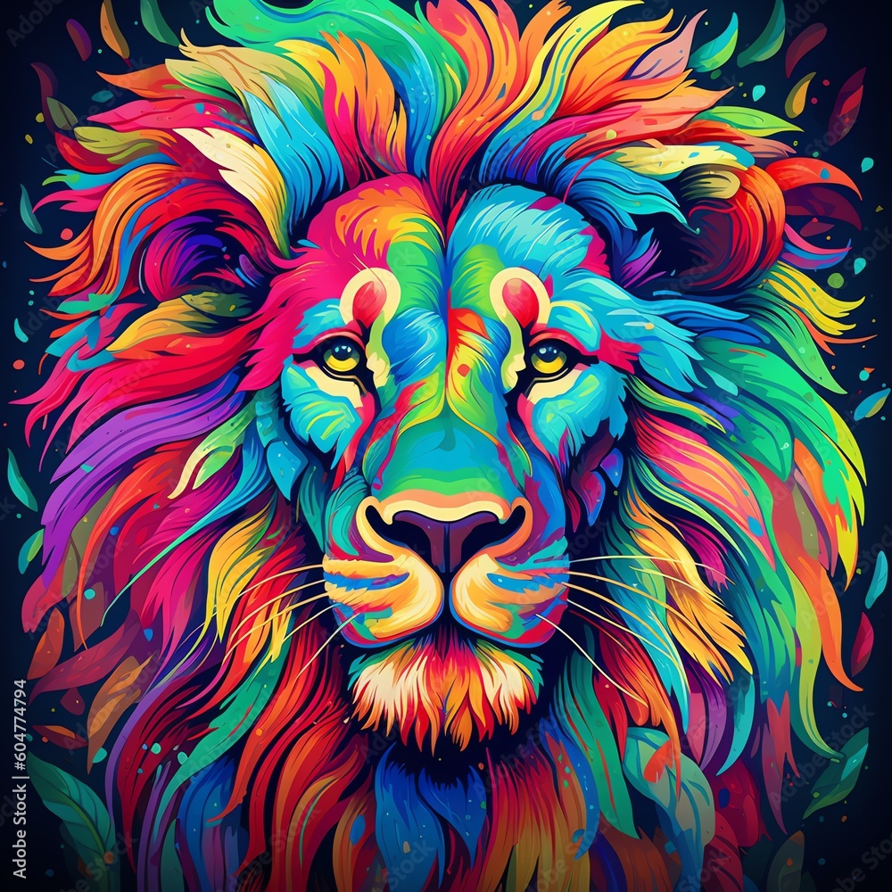 A colorful lion with a black background and the word lion on it.