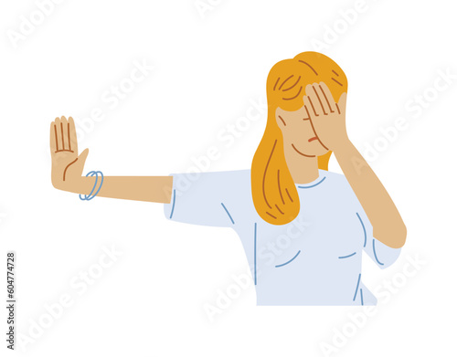Woman covers face with hand and puts palm to side flat style