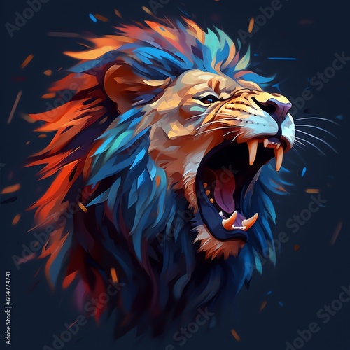 A colorful painting of a lion with a yellow mane 3D