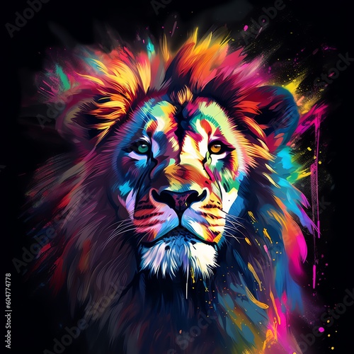 A colorful painting of a lion with a yellow mane.