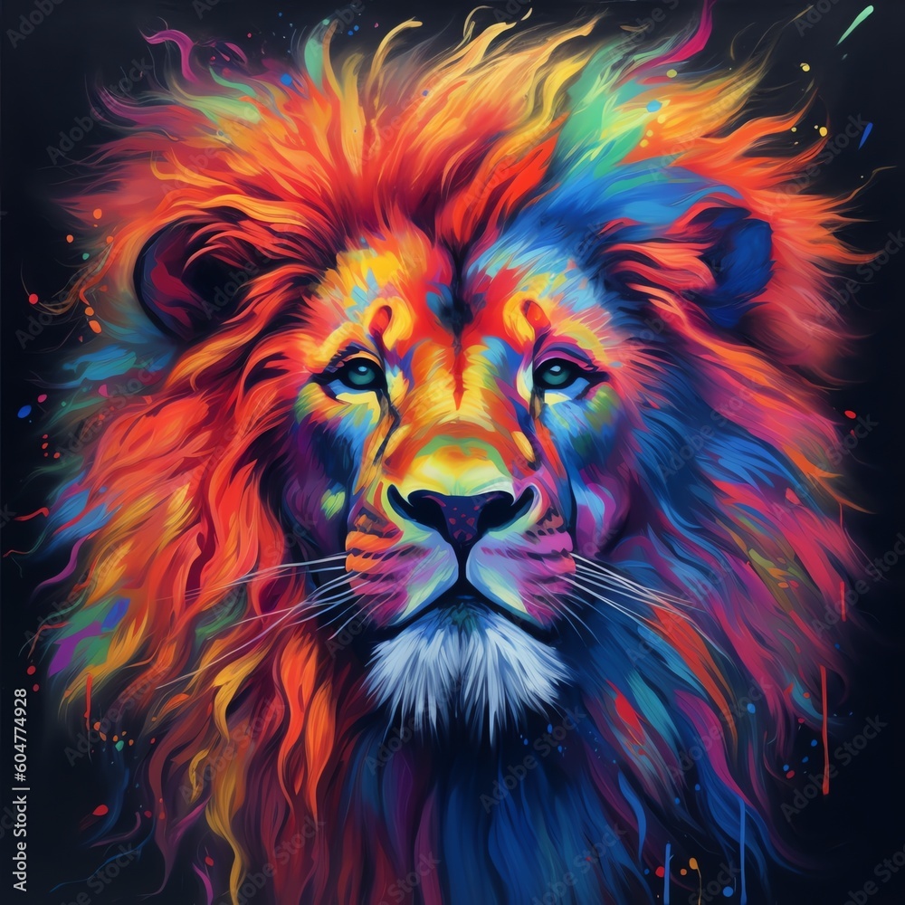 A colorful lion with a black background and the word lion on it.