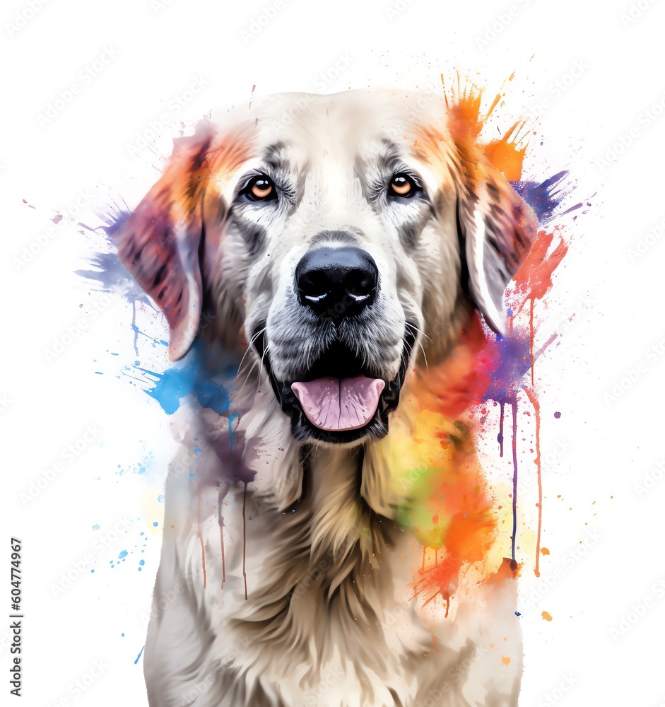 A watercolor painting of a dog that has the word Anatolian Shepherd  on it.