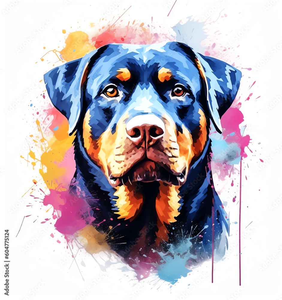 A painting of a rottweiler dog with a colorful splash of water.