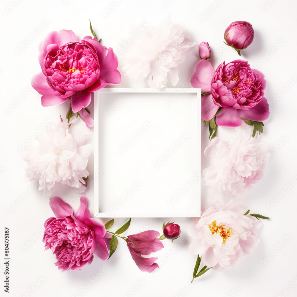 a picture frame surrounded by peony flowers Generative AI