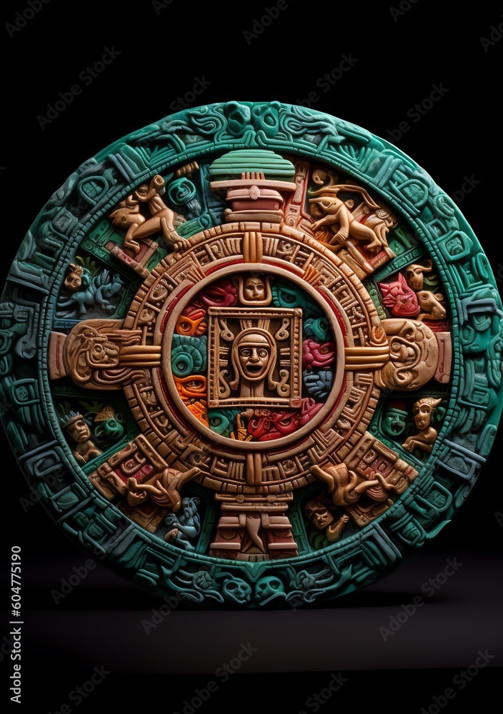 A green and brown mayan wheel with a symbol in the middle.