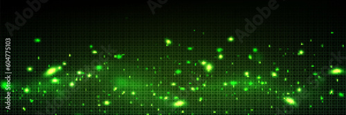 Light effect of green fireflies at night. Magic sparkles, glow of bugs or fluorescent dust shine isolated on dark transparent background, vector realistic illustration