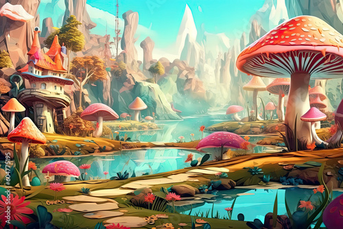 fantastic wonderland landscape with mushrooms  beautiful old castle.AI Generative
