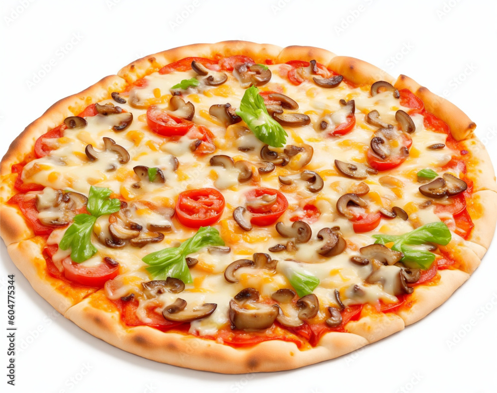 pizza with mushroom topping on white background, AI Generated.