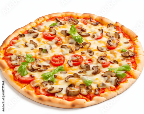 pizza with mushroom topping on white background, AI Generated.