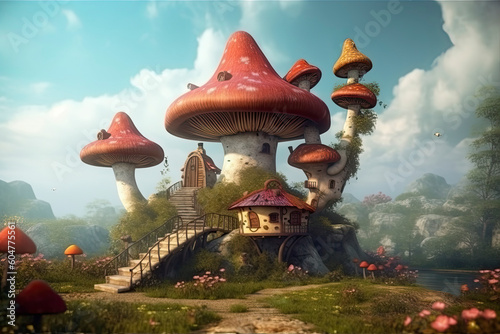 fantastic wonderland landscape with mushrooms, beautiful old castle.AI Generative © surassawadee
