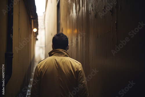 back view of a man walking down a narrow alleyway