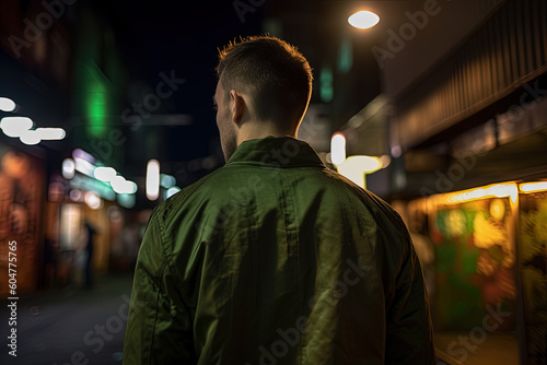 back view of a man walking on the street at the night