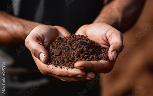 Farmer holding soil in hands close-up. Male hands touching soil on the field. Agriculture, gardening or ecology concept. Generative AI