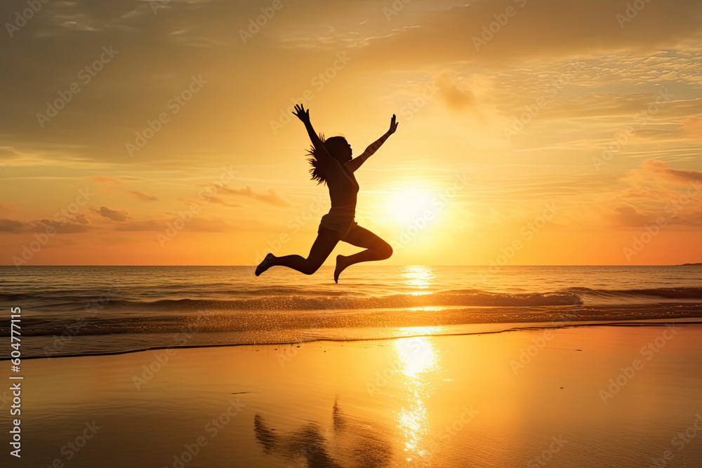 Leave a sparkle wherever you go. Silhouette of an energetic woman jumping on the beach at sunset.AI Generative