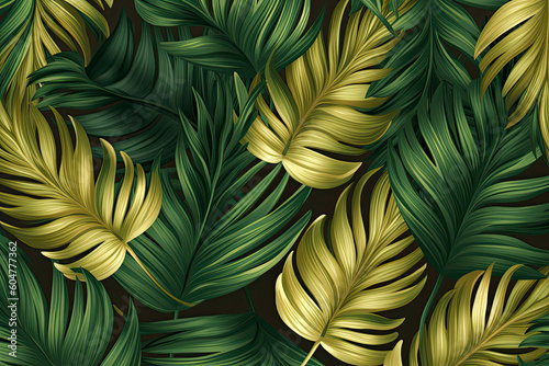 Luxury Seamless pattern with gold and green tropical leaves. vector illustration. summer background.AI Generative