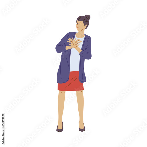 Standing woman crosses arms, refuse gesture flat style