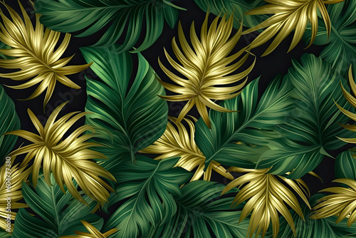 Luxury Seamless pattern with gold and green tropical leaves. vector illustration. summer background.AI Generative © surassawadee