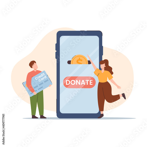 Tiny people and huge mobile phone screen with donate button flat style