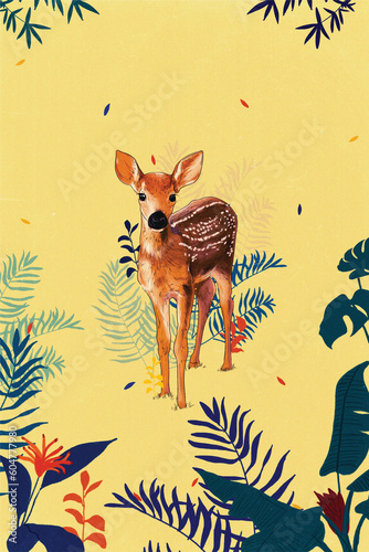 Baby deer illustration, Tropical vintage botanical landscape, plant floral background. Exotic jungle illustration wallpaper.