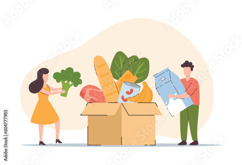Volunteers putting food in donation box, flat vector illustration isolated on white background.