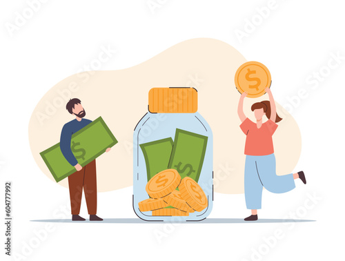 People put coins into jar for money donation concept, flat vector isolated. © sabelskaya