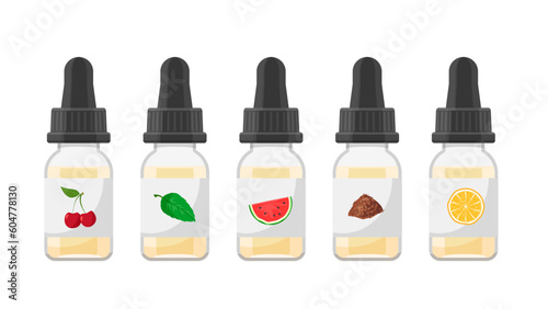 Vape liquid bottles or droppers set, flat vector illustration isolated on white background.