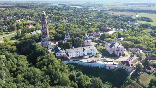 Bird's eye view of Monastery of Saint John the Theologian in Poshchupovo, Ryazan Oblast, Russia. High quality 4k footage photo