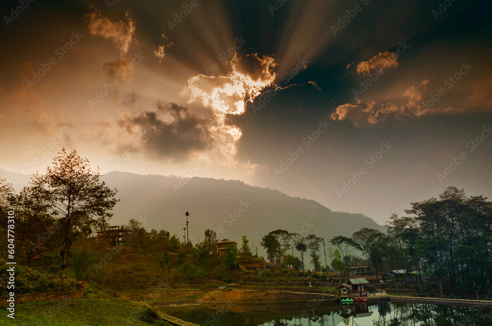Sunset sky over Chayatal or Chaya Taal, West Sikkim, India, Nature, silence and peace. Famous for Reflection of snow-capped Mount Kanchenjunga and Kabru on lake water, Himalayan mountains.