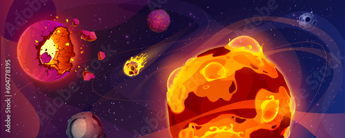 Space background with burning alien planets. Vector cartoon illustration of damaged cosmic bodies on fire, rocky meteorites and hot stones flying in night sky. Apocalypse adventure game backdrop