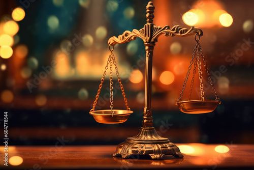 law and justice conceptual, antique beam scale with bokeh light