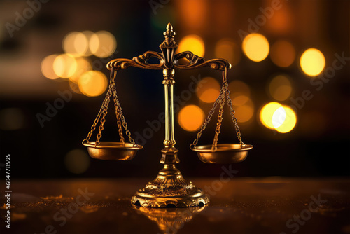 law and justice conceptual, antique beam scale with bokeh light