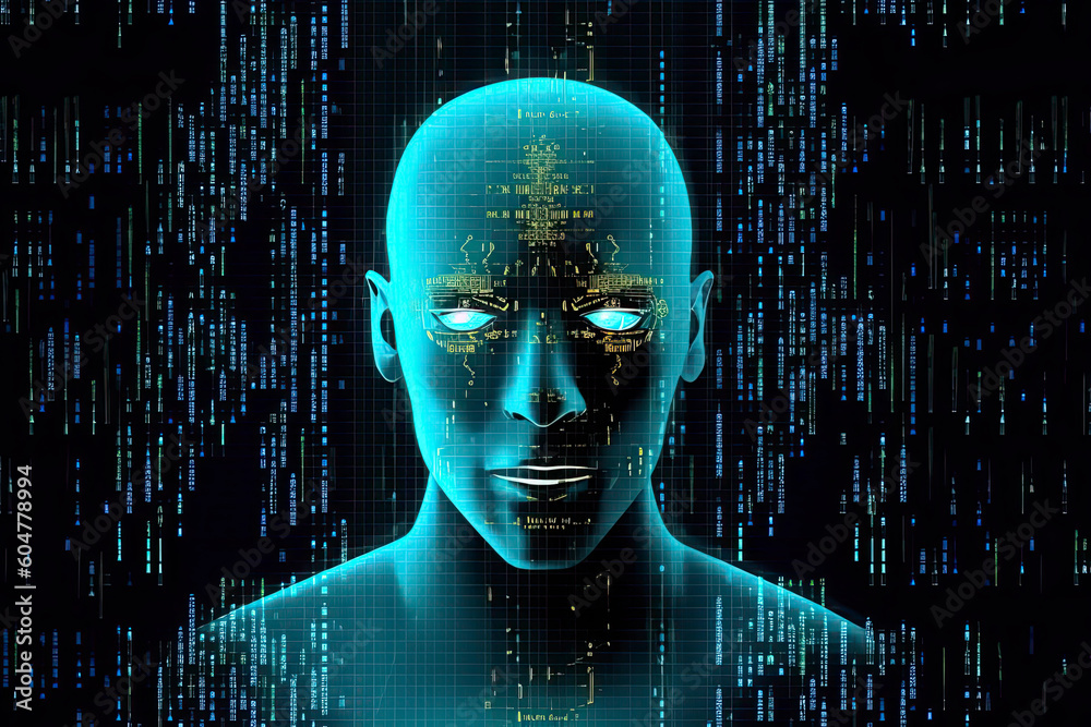 Robot chatbot head icon sign made with binary code. Chatbot assistant application. AI concept.AI Generative Robot chatbot head icon sign made with binary code. Chatbot assistant application. AI concept.AI Generative