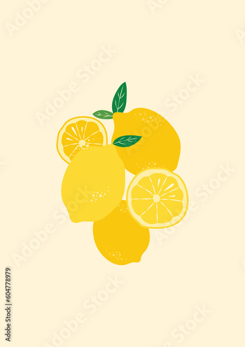 Fotografia Lemon illustration with leaves whole and slices of lemons