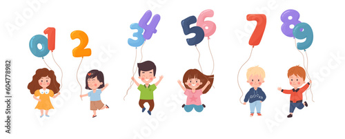 Fototapeta Naklejka Na Ścianę i Meble -  Set of cheerful kids holding balloons in forms of numbers from 0 to 9 flat style
