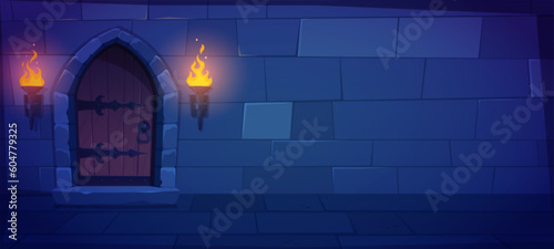 Castle dungeon brick wall cartoon background for game. Dark ancient fantasy palace corridor interior illustration underground scene. Tower indoor doorway to knock with torch fire light scene.