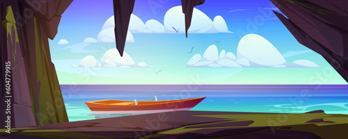 Sea landscape with cave and boat. Stone cavern entrance with view to lake, wooden boat on water, clouds and flying birds in sky, vector cartoon illustration