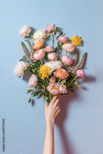 Female hand holding a buquet of blooming fresh flowers on pastel blue background. Spring time concept. Generated AI.