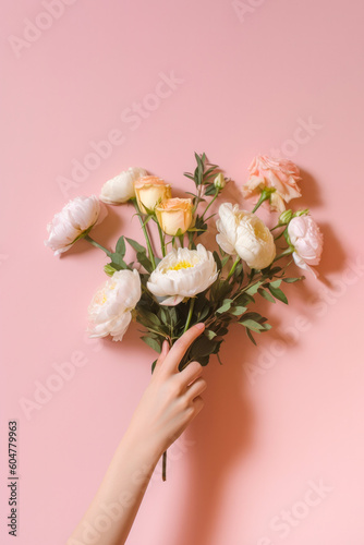 Female hand holding a buquet of blooming fresh flowers on pastel pink background. Spring time concept. Generated AI.