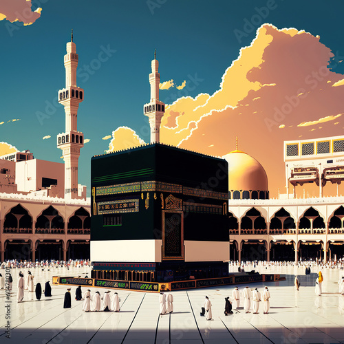 Ai generated illustration Muslim Pilgrims at The Kaaba in Hajj. photo