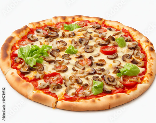 pizza with mushroom topping on white background