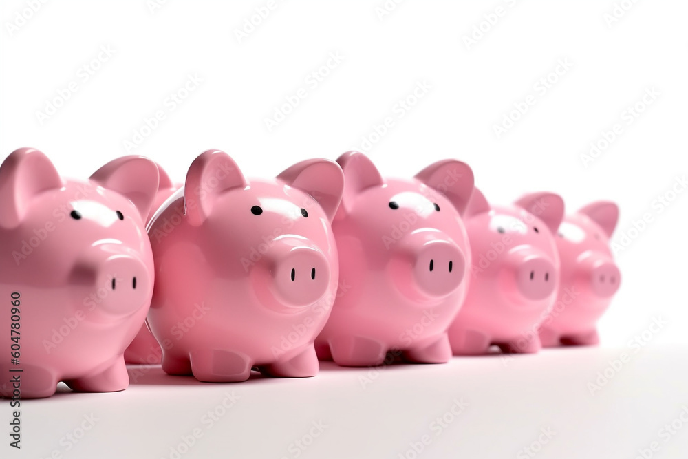 Rows of pink piggy bank on white background with copy space Generative AI Rows of pink piggy bank on white background with copy space Generative AI