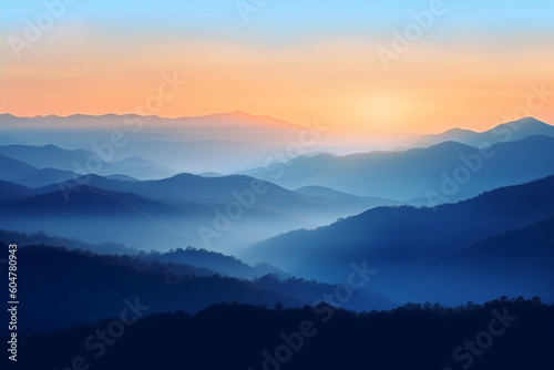 Layers of mountain with fogs and soft colored sunrise color Generative AI