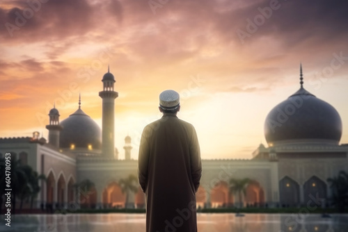 Silhouette of a man in front of mosque Generative AI